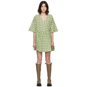 Ganni Green Check Mini Dress in Oyster Grey - Size S/M